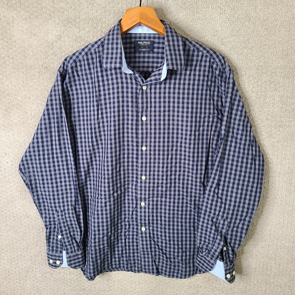 Nautica Shirt Mens 16.5 34/35 Blue Gingham Classic Fit Cotton Long Sleeve Casual
